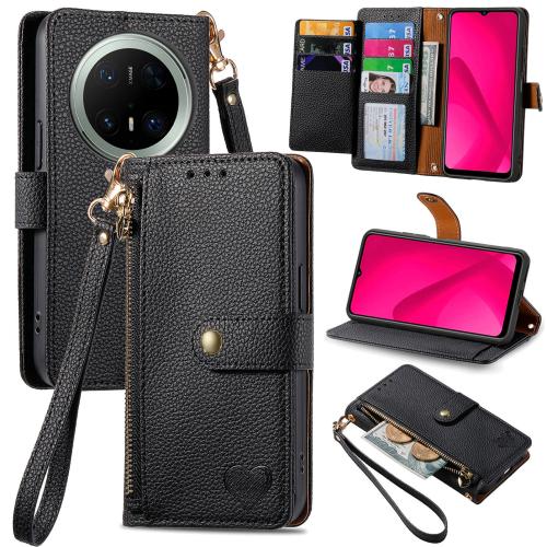 

For Huawei Mate 70 Pro+ Love Zipper Lanyard Leather Phone Case(Black)