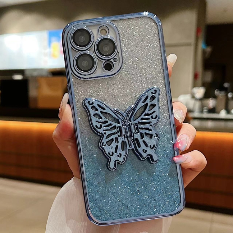 

For iPhone 15 Pro Electroplated Gradient Glitter 3D Butterfly TPU Phone Case(Gradient Blue)