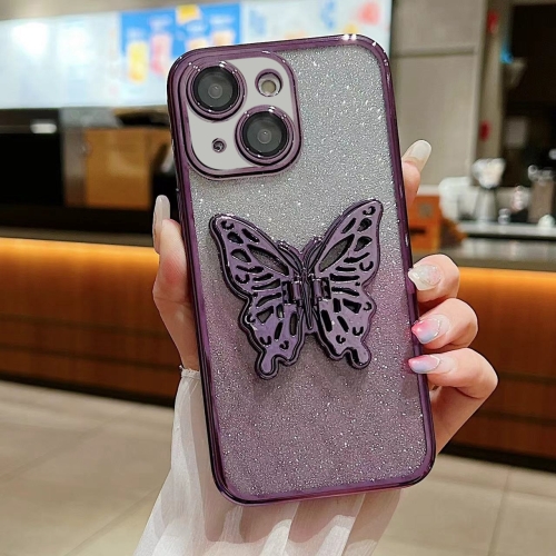 

For iPhone 15 Plus Electroplated Gradient Glitter 3D Butterfly TPU Phone Case(Gradient Purple)