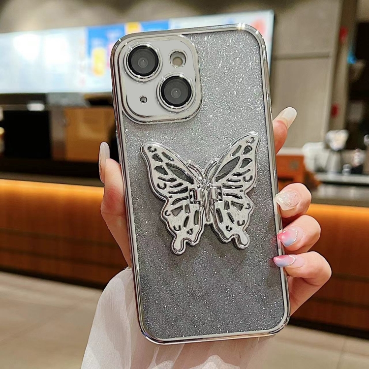 

For iPhone 15 Plus Electroplated Gradient Glitter 3D Butterfly TPU Phone Case(Gradient Silver)