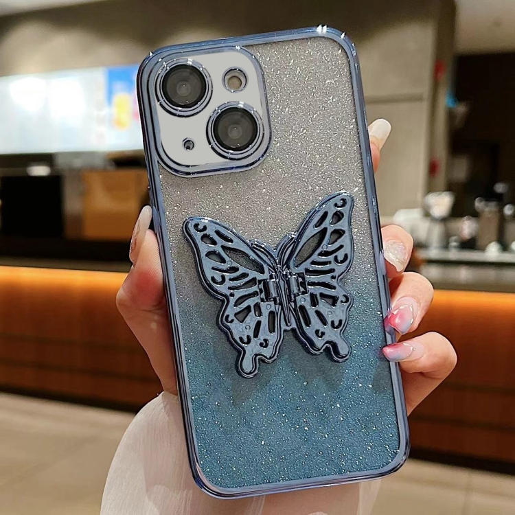 

For iPhone 15 Electroplated Gradient Glitter 3D Butterfly TPU Phone Case(Gradient Blue)