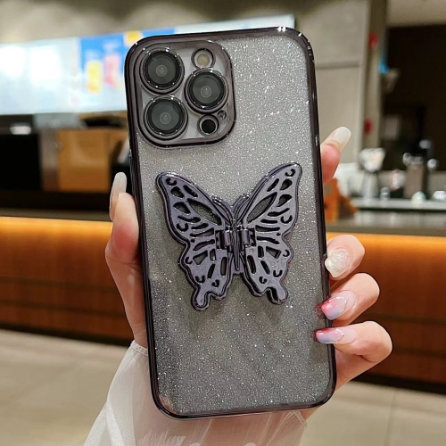 

For iPhone 14 Pro Max Electroplated Gradient Glitter 3D Butterfly TPU Phone Case(Gradient Black)