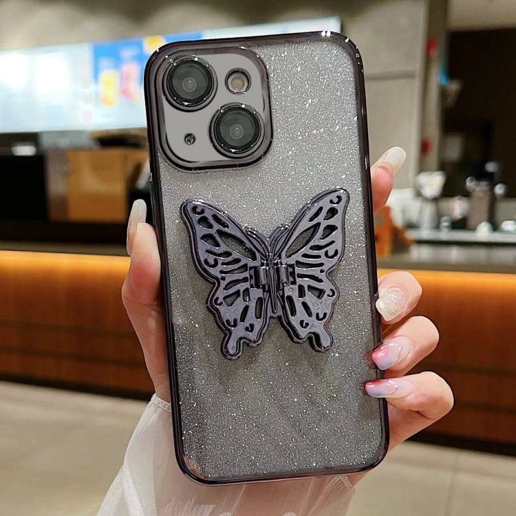 

For iPhone 14 Plus Electroplated Gradient Glitter 3D Butterfly TPU Phone Case(Gradient Black)