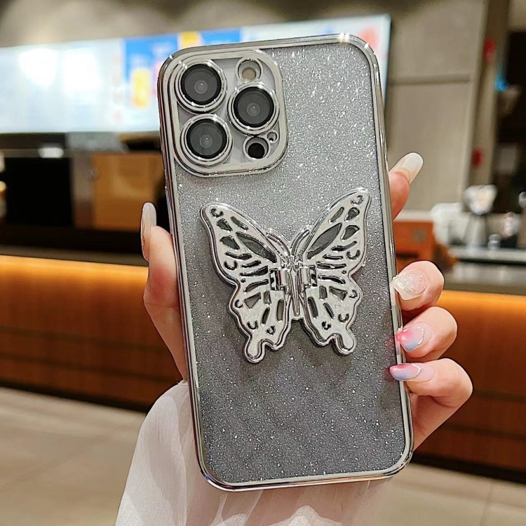 

For iPhone 14 Pro Electroplated Gradient Glitter 3D Butterfly TPU Phone Case(Gradient Silver)