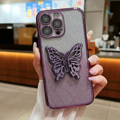 

For iPhone 13 Pro Electroplated Gradient Glitter 3D Butterfly TPU Phone Case(Gradient Purple)