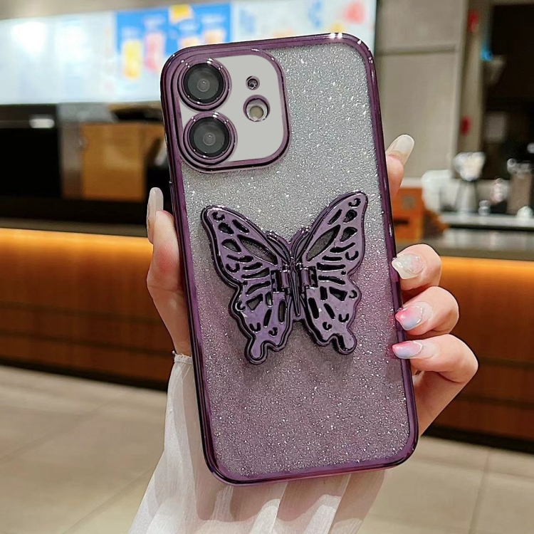 

For iPhone 12 Electroplated Gradient Glitter 3D Butterfly TPU Phone Case(Gradient Purple)