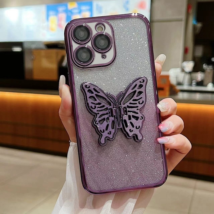 

For iPhone 11 Pro Max Electroplated Gradient Glitter 3D Butterfly TPU Phone Case(Gradient Purple)