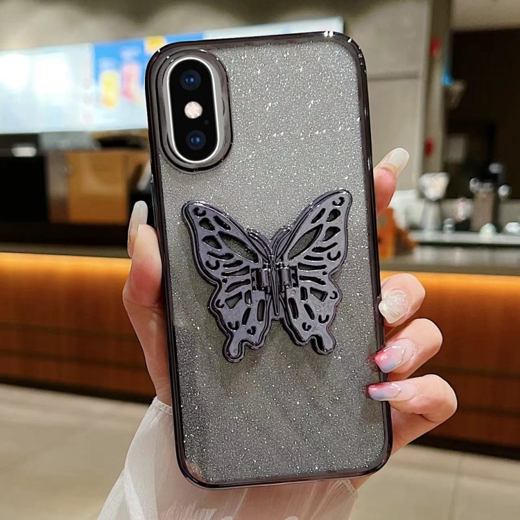 

For iPhone XS Max Electroplated Gradient Glitter 3D Butterfly TPU Phone Case(Gradient Black)