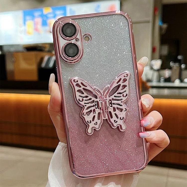 

For iPhone 16 Electroplated Gradient Glitter 3D Butterfly TPU Phone Case(Gradient Pink)