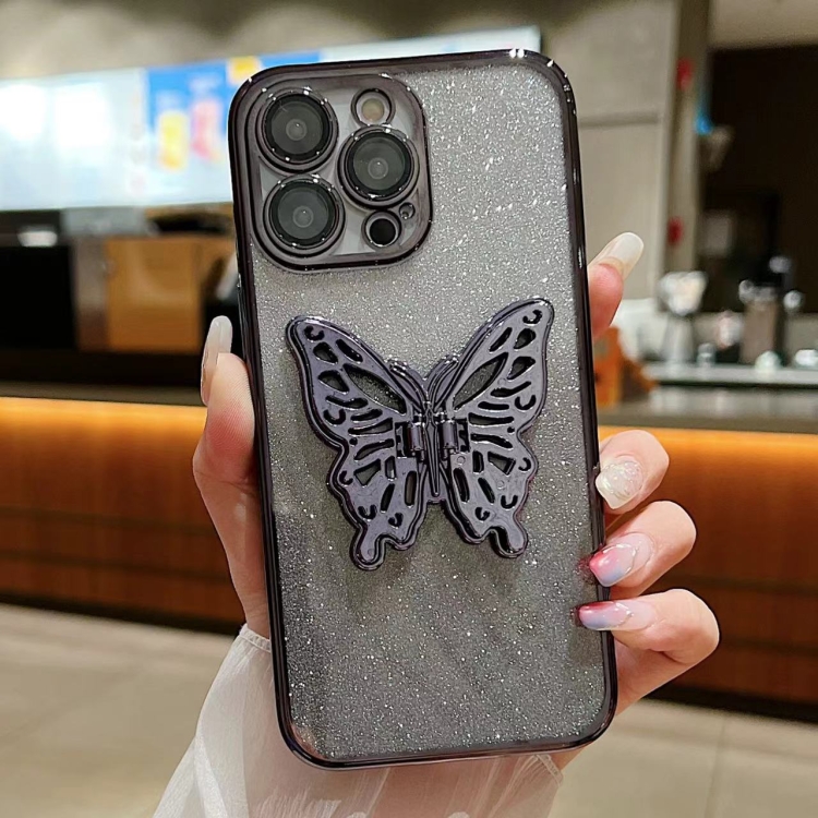 

For iPhone 16 Electroplated Gradient Glitter 3D Butterfly TPU Phone Case(Gradient Black)