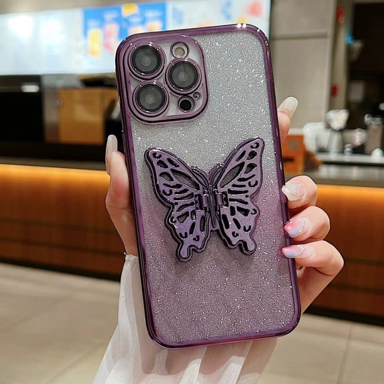 

For iPhone 16 Electroplated Gradient Glitter 3D Butterfly TPU Phone Case(Gradient Purple)