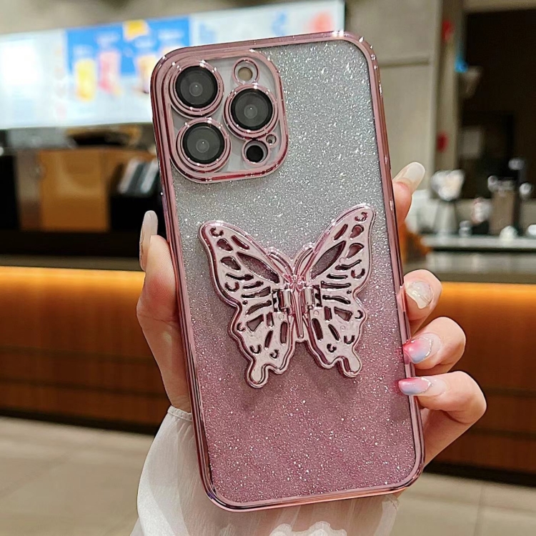 

For iPhone 16 Pro Electroplated Gradient Glitter 3D Butterfly TPU Phone Case(Gradient Pink)