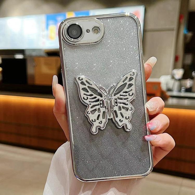 

For iPhone 16e Electroplated Gradient Glitter 3D Butterfly TPU Phone Case(Gradient Silver)