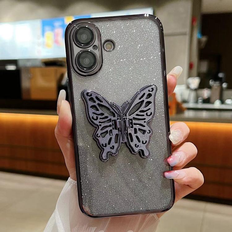 

For iPhone 17 Electroplated Gradient Glitter 3D Butterfly TPU Phone Case(Gradient Black)