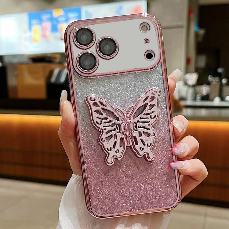 

For iPhone 17 Pro Max Electroplated Gradient Glitter 3D Butterfly TPU Phone Case(Gradient Pink)
