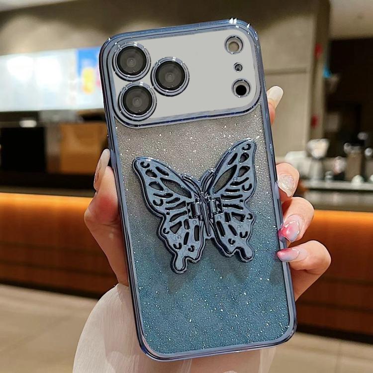 For iPhone 17 Pro Max Electroplated Gradient Glitter 3D Butterfly TPU Phone Case(Gradient Blue)