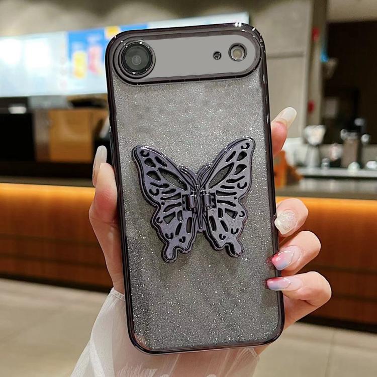 For iPhone Air Electroplated Gradient Glitter 3D Butterfly TPU Phone Case(Gradient Black)