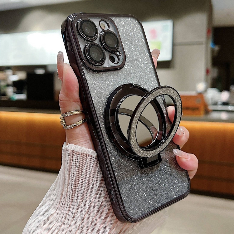 

For iPhone 15 Pro Plated Mirror Holder Gradient Glitter MagSafe Phone Case(Black)