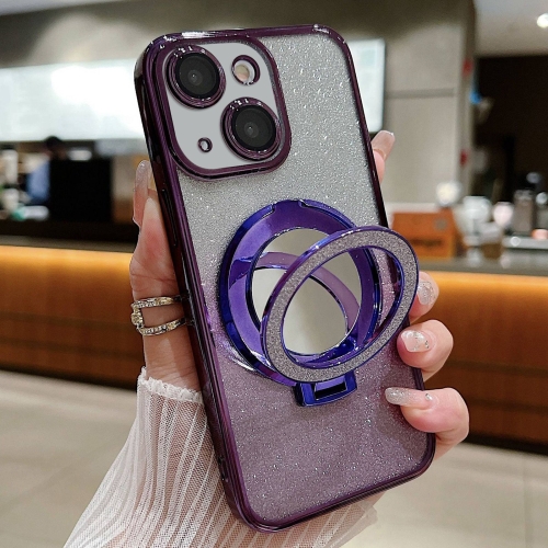 

For iPhone 15 Plus Plated Mirror Holder Gradient Glitter MagSafe Phone Case(Purple)