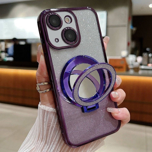 

For iPhone 15 Plated Mirror Holder Gradient Glitter Magsafe Phone Case(Purple)