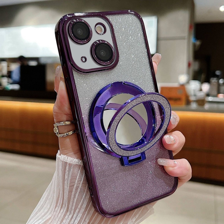 

For iPhone 14 Plated Mirror Holder Gradient Glitter MagSafe Phone Case(Purple)