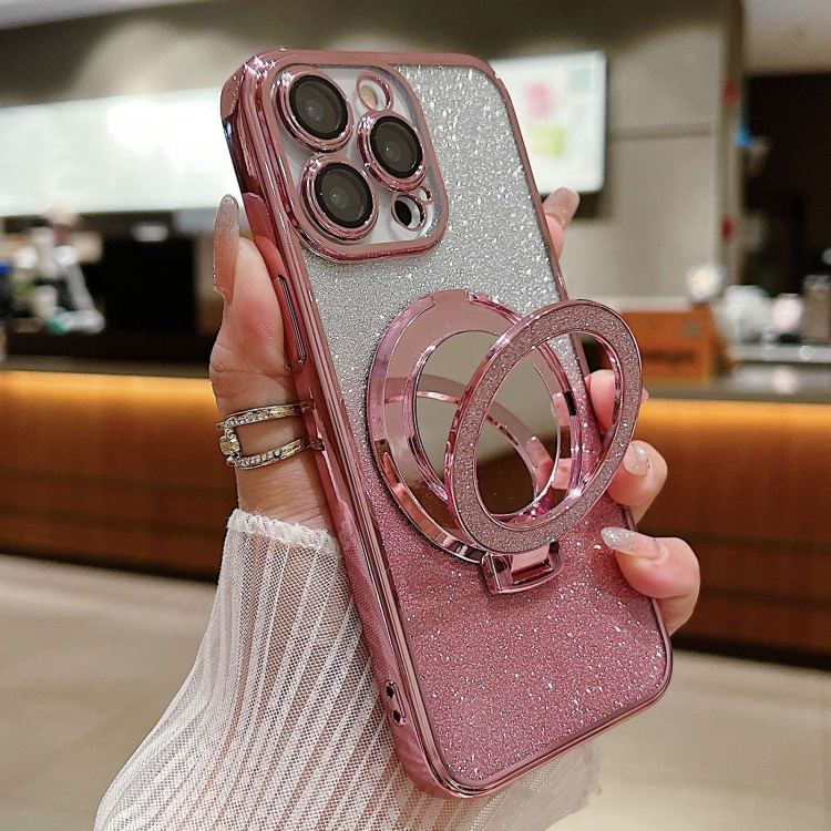 

For iPhone 14 Pro Plated Mirror Holder Gradient Glitter MagSafe Phone Case(Pink)