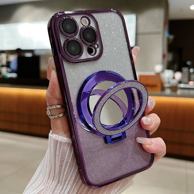 

For iPhone 14 Pro Max Plated Mirror Holder Gradient Glitter MagSafe Phone Case(Purple)