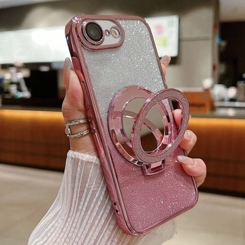 

For iPhone 7 / 8 / SE 2022 Plated Mirror Holder Gradient Glitter Magsafe Phone Case(Pink)