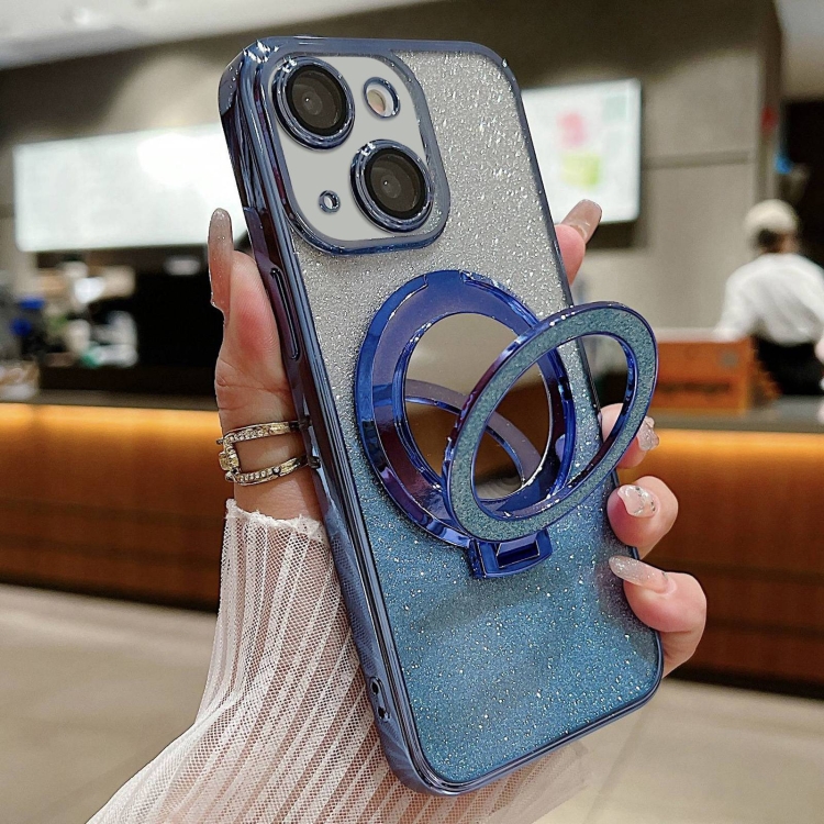 

For iPhone 13 Plated Mirror Holder Gradient Glitter MagSafe Phone Case(Blue)