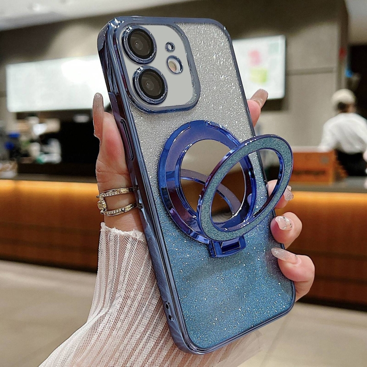 

For iPhone 12 Plated Mirror Holder Gradient Glitter MagSafe Phone Case(Blue)
