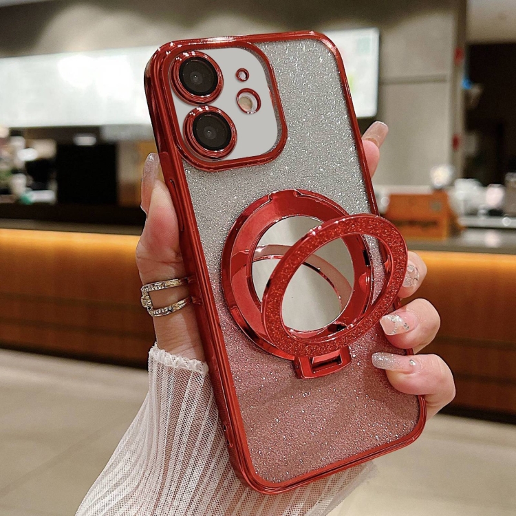 

For iPhone 12 mini Plated Mirror Holder Gradient Glitter MagSafe Phone Case(Red)