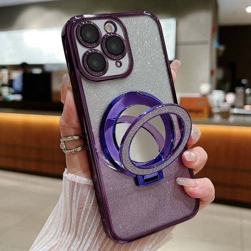 

For iPhone 11 Pro Max Plated Mirror Holder Gradient Glitter MagSafe Phone Case(Purple)