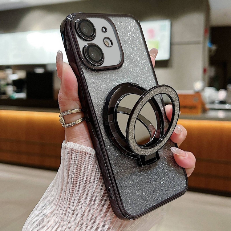 

For iPhone 11 Plated Mirror Holder Gradient Glitter MagSafe Phone Case(Black)