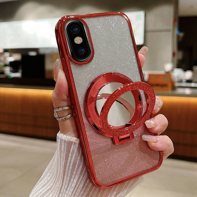 

For iPhone X / XS Plated Mirror Holder Gradient Glitter MagSafe Phone Case(Red)