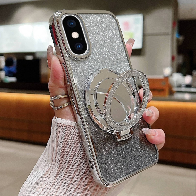 

For iPhone XS Max Plated Mirror Holder Gradient Glitter MagSafe Phone Case(Gray)