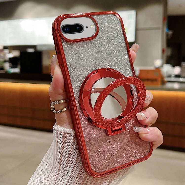 

For iPhone 7 Plus / 8 Plus Plated Mirror Holder Gradient Glitter MagSafe Phone Case(Red)