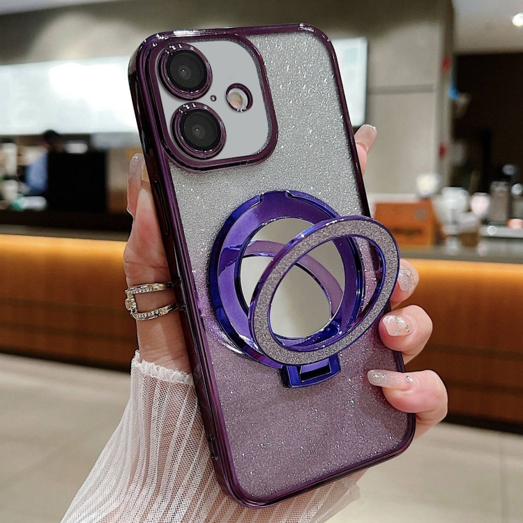 

For iPhone 16 Plated Mirror Holder Gradient Glitter MagSafe Phone Case(Purple)