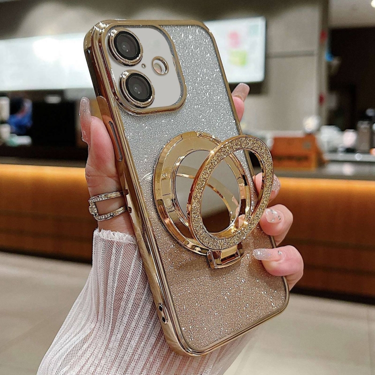 

For iPhone 16 Plus Plated Mirror Holder Gradient Glitter MagSafe Phone Case(Gold)