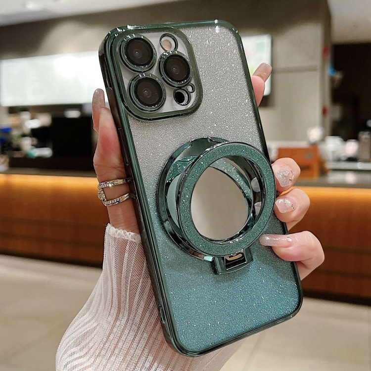 

For iPhone 16 Pro Plated Mirror Holder Gradient Glitter MagSafe Phone Case(Green)