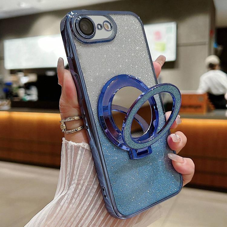 

For iPhone 16e Plated Mirror Holder Gradient Glitter MagSafe Phone Case(Blue)