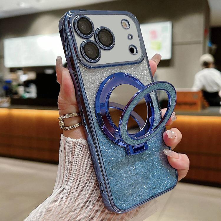 

For iPhone 17 Pro Plated Mirror Holder Gradient Glitter MagSafe Phone Case(Blue)