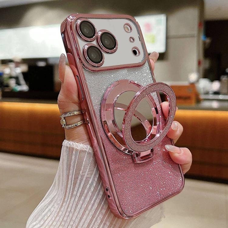 

For iPhone 17 Pro Plated Mirror Holder Gradient Glitter MagSafe Phone Case(Pink)