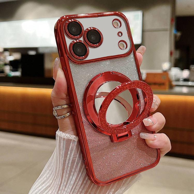 

For iPhone 17 Pro Plated Mirror Holder Gradient Glitter MagSafe Phone Case(Red)