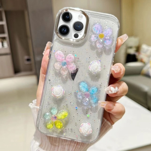 

For iPhone 15 Pro 3D Flower Glitter Epoxy TPU Phone Case(Colorful Flowers)