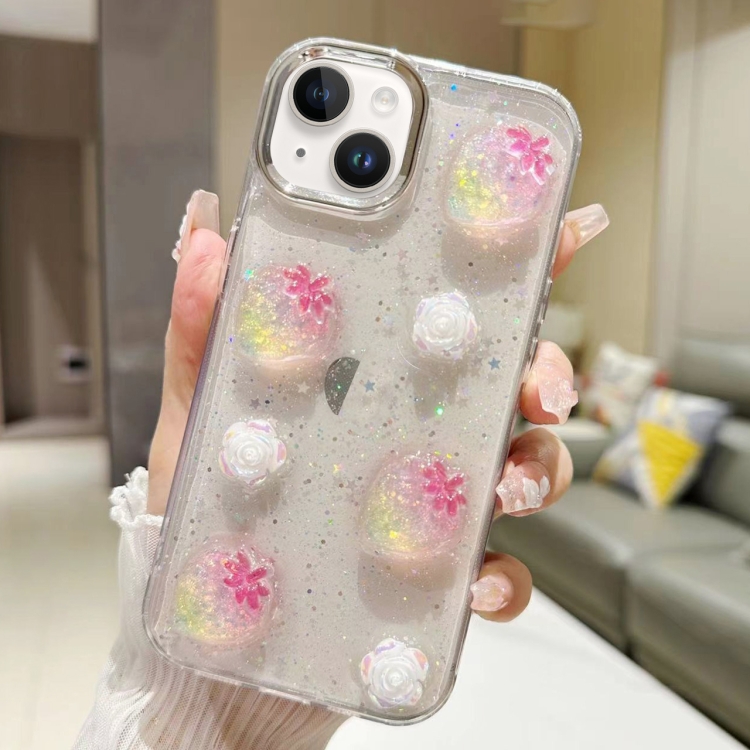 

For iPhone 15 Plus 3D Flower Glitter Epoxy TPU Phone Case(Pink Strawberry)