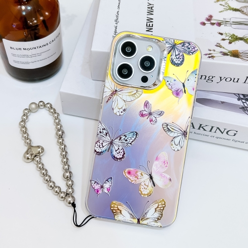 

For iPhone 15 Pro Max Electroplating Laser Butterfly Phone Case with Wrist Strap(Pink Butterflies AB2)