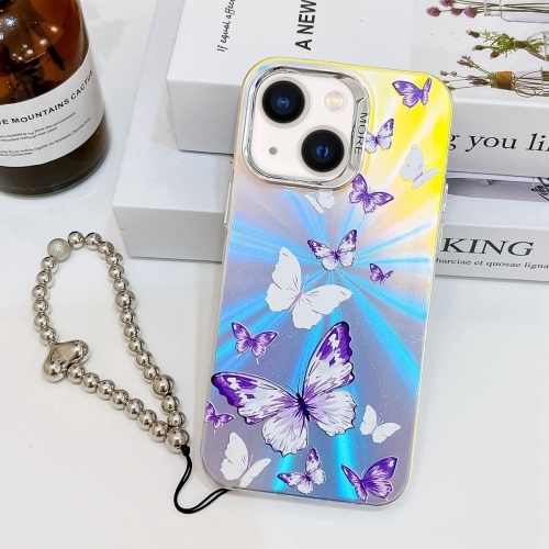 

For iPhone 14 Electroplating Laser Butterfly Phone Case with Wrist Strap(White Purple Butterflies AB6)