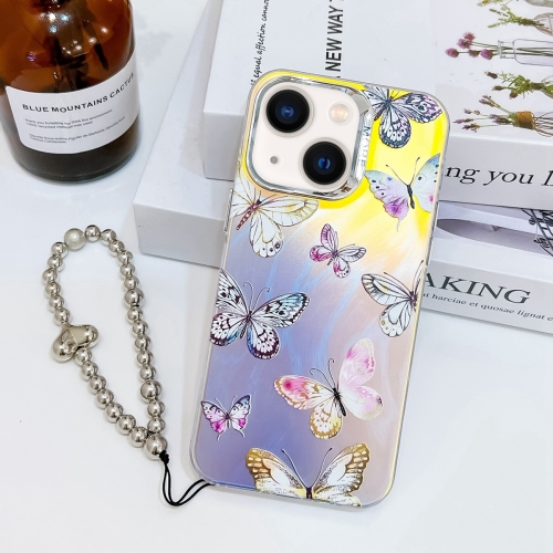 

For iPhone 13 Electroplating Laser Butterfly Phone Case with Wrist Strap(Pink Butterflies AB2)