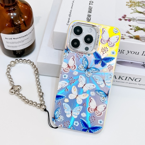 

For iPhone 16 Pro Electroplating Laser Butterfly Phone Case with Wrist Strap(Blue Butterflies AB4)