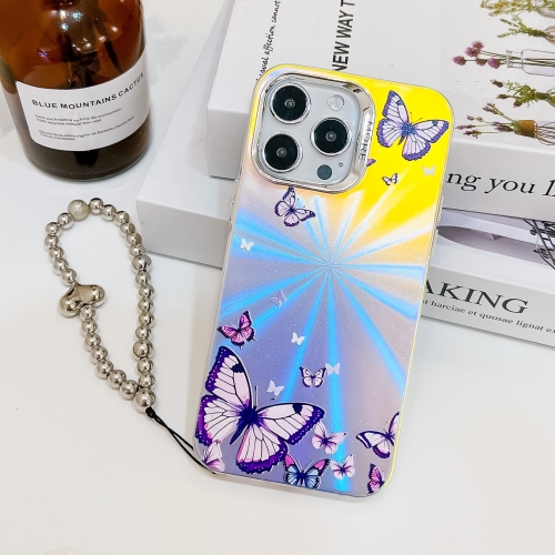 

For iPhone 16 Pro Electroplating Laser Butterfly Phone Case with Wrist Strap(Purple Butterflies AB3)